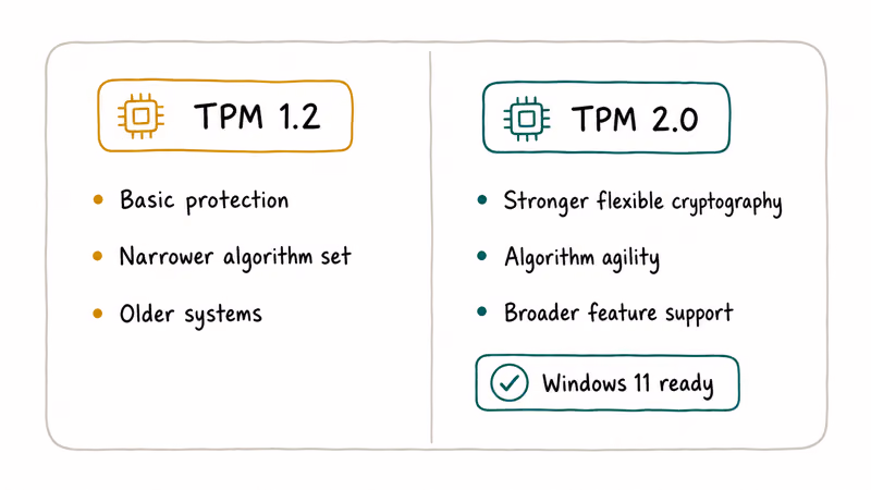 Two-column card comparing TPM 1.2 basic protection against TPM 2.0 stronger flexible cryptography