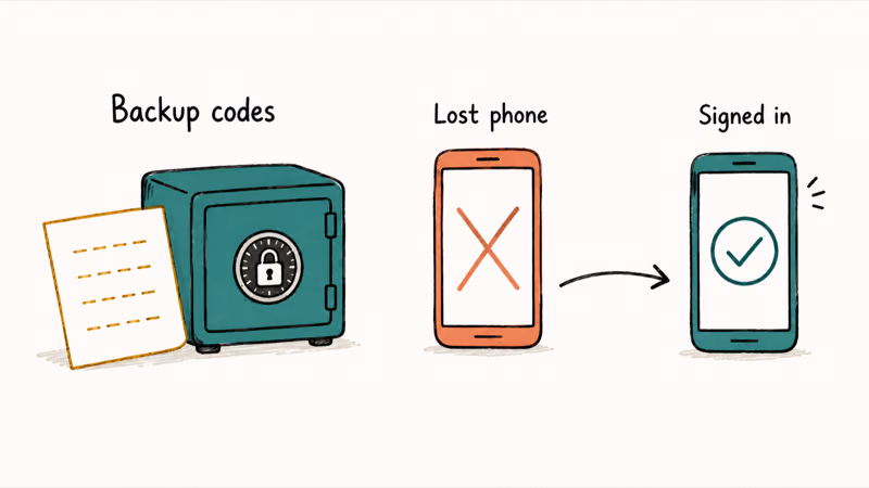 Saved backup codes in a vault recovering access on a new phone after a loss