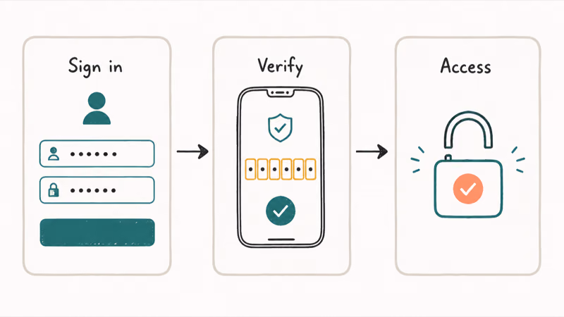 Three-step login sequence showing sign in, phone verification code, then unlocked account access