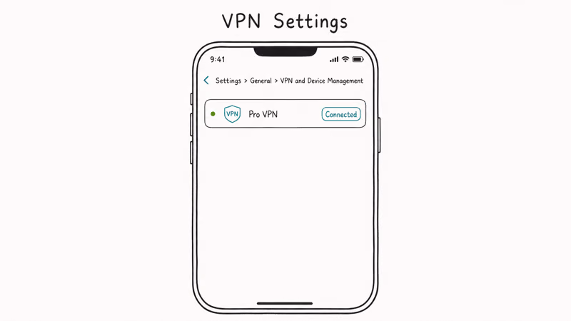 iPhone Settings VPN screen showing a configured Pro VPN profile with status pill connected and green dot
