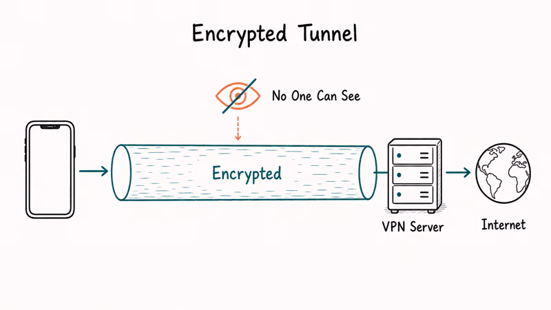 iPhone connecting through encrypted VPN tunnel to internet with observer eye crossed out to show privacy