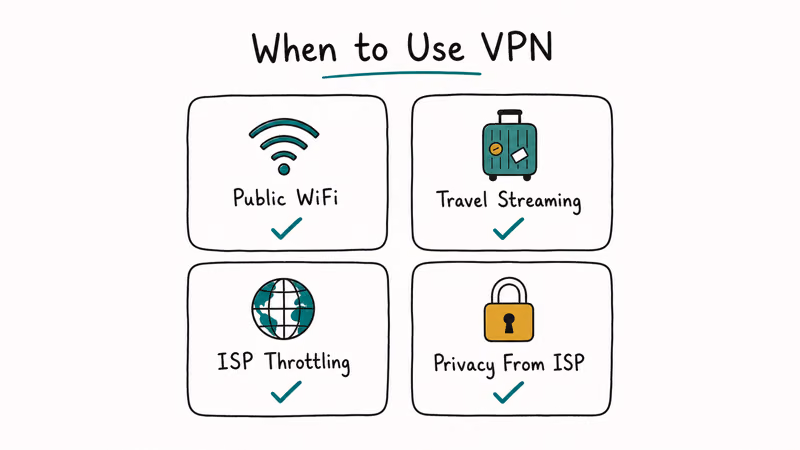 Four iPhone VPN use cases public WiFi travel streaming ISP throttling and privacy each marked with check