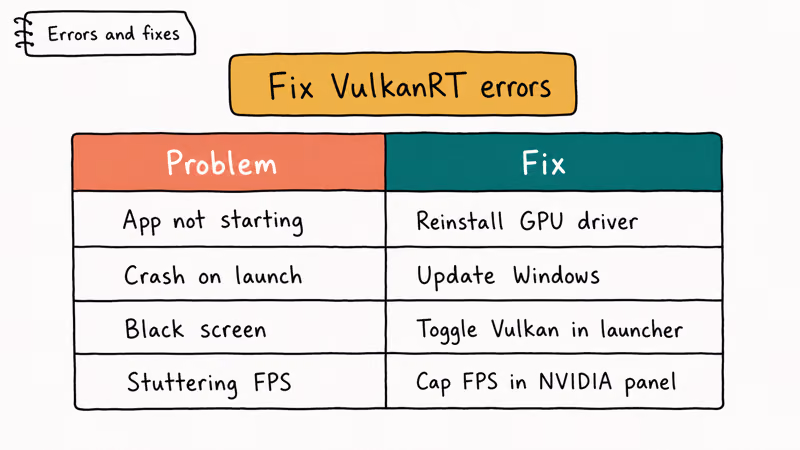 Table mapping VulkanRT errors like crashes and black screen to fixes including driver reinstall and FPS cap