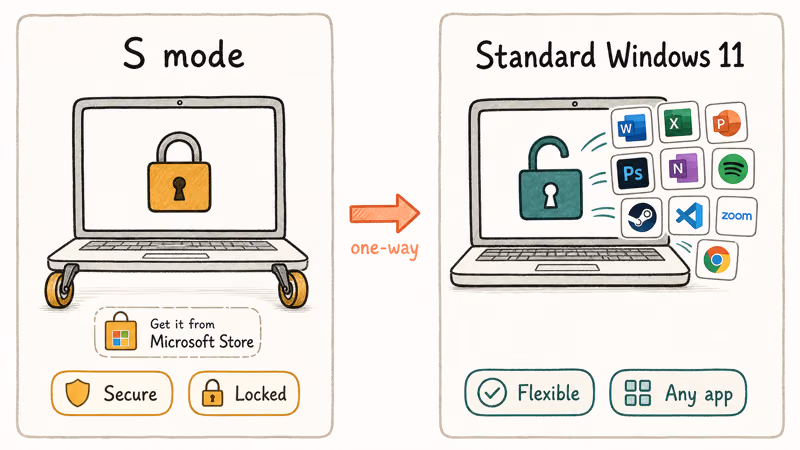Side by side of locked S mode versus open standard Windows 11 laptop