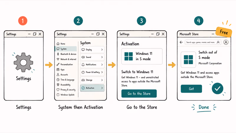 Four settings steps to switch out of S mode through the Microsoft Store