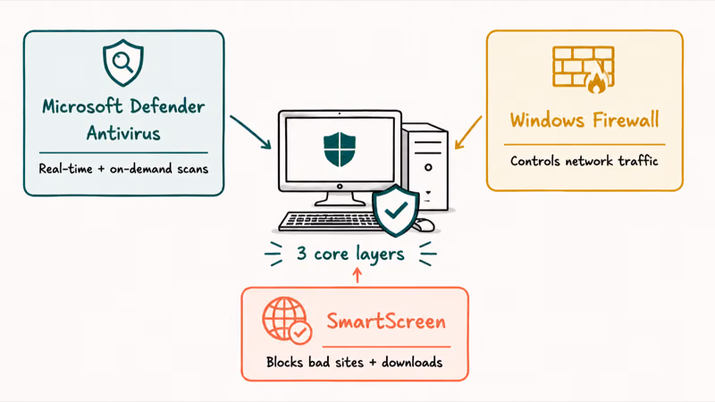Windows Defender combines antivirus scanning, a firewall, and SmartScreen web protection in one suite