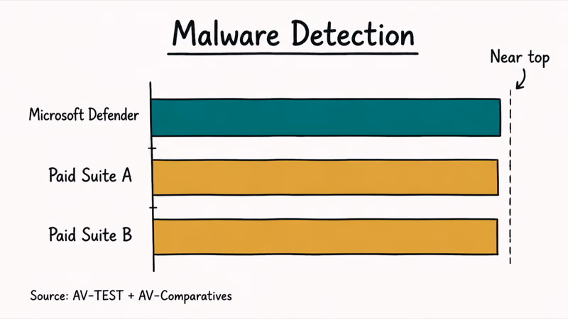 Chart showing Windows Defender malware detection scoring near the top alongside paid antivirus competitors