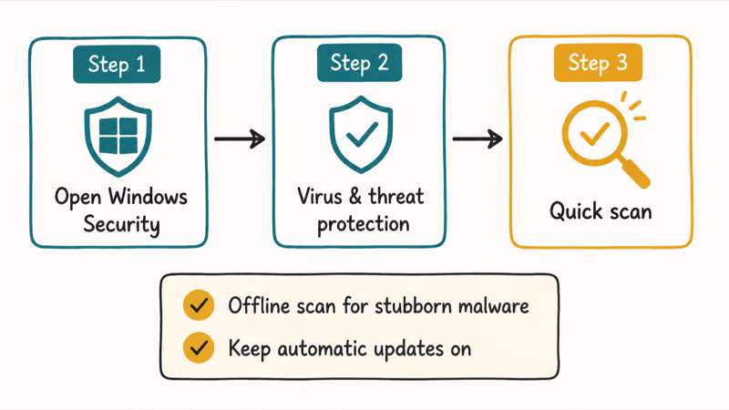 Steps to run a manual Windows Defender scan through the Windows Security app menu