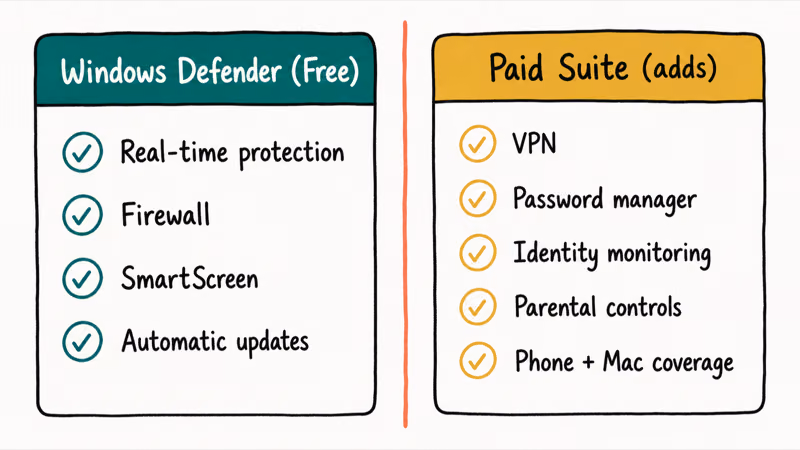 Free Defender versus paid suite extras like VPN, password manager, and identity monitoring