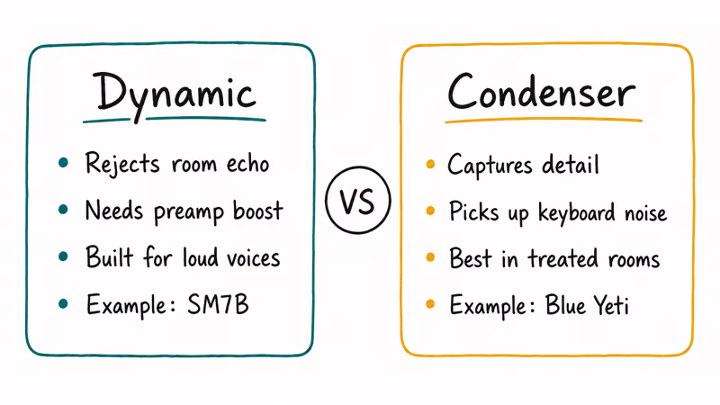 Dynamic versus condenser microphone comparison rejection sensitivity room needs and examples