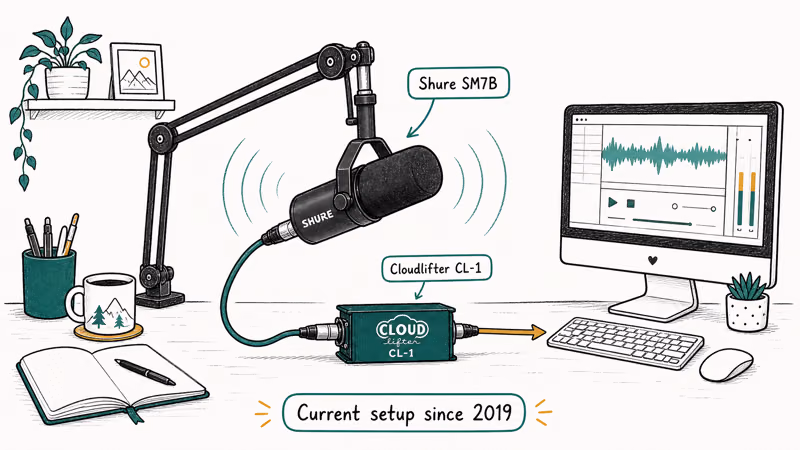 PewDiePie studio mic setup Shure SM7B on boom arm with Cloudlifter and computer with sound waves