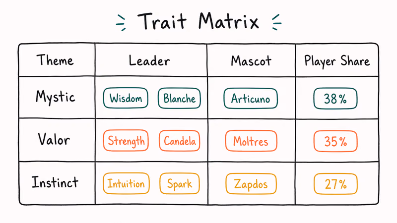 Three by four table comparing Mystic Valor and Instinct themes leaders mascots and player share