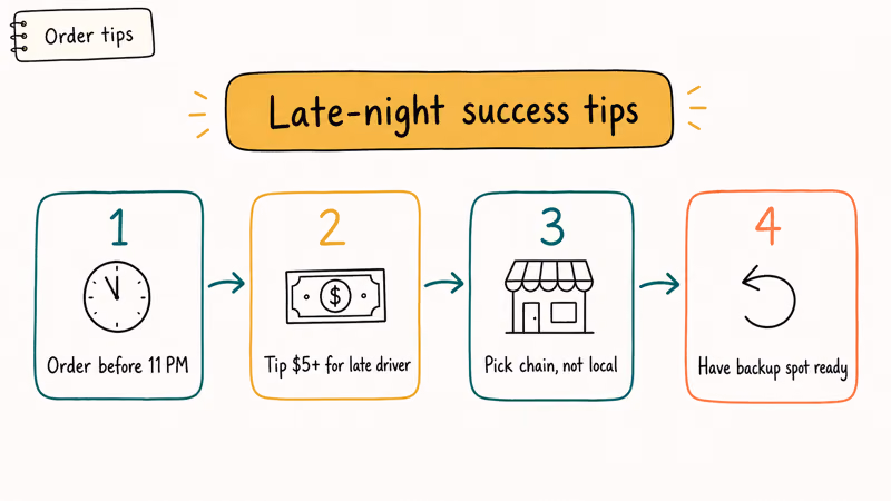 Four tile late night DoorDash success tips like ordering early tipping well and picking chain restaurants