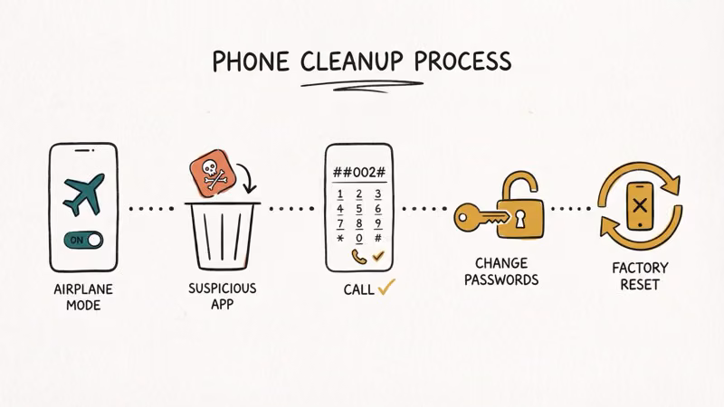 Step-by-step phone cleanup process from airplane mode to factory reset
