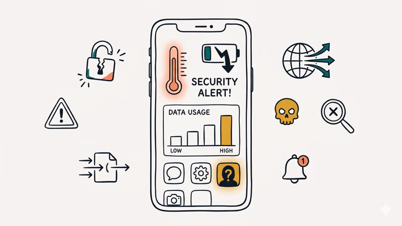 Phone security alert with battery drain data usage and overheating warning icons