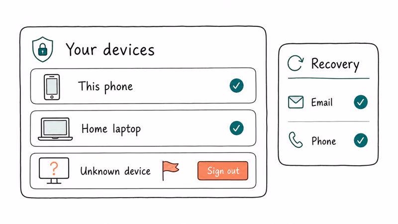 Account security panel listing active device sessions with a sign out button highlighted