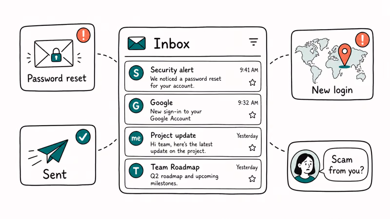 Warning signs of a hacked email account including unexpected password reset and login alerts