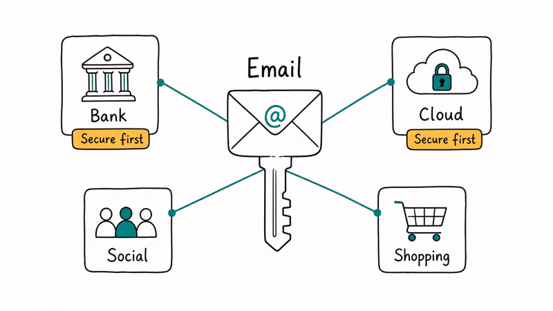 Email account as a master key unlocking linked bank cloud social and shopping accounts