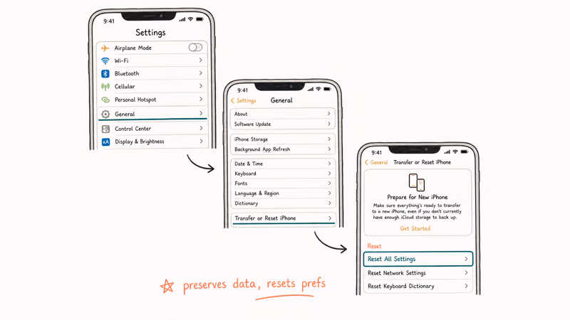 Hand-drawn iPhone Settings cascade through General Transfer or Reset iPhone and Reset All Settings with note about preserving