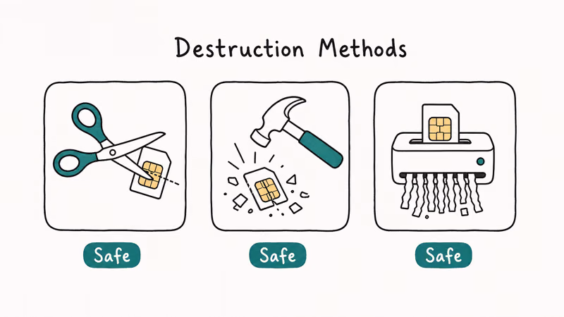 Three safe SIM destruction methods with scissors hammer and shredder each labeled safe in teal