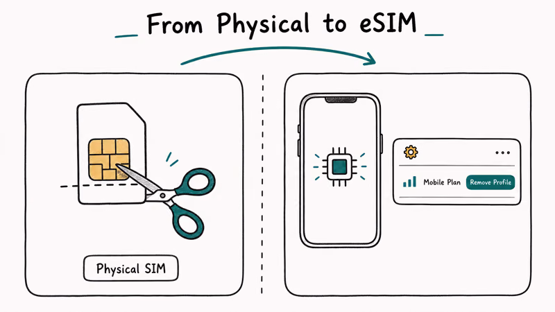 Comparison of physical SIM cut with scissors versus eSIM profile removed via Remove Profile button on phone