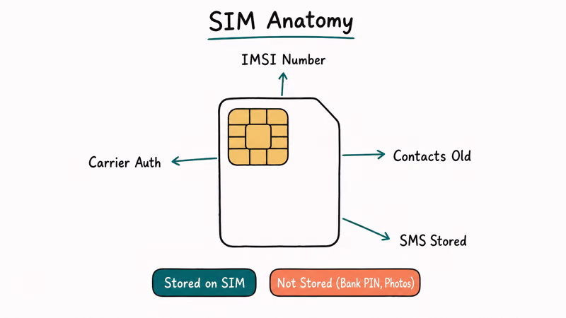 Old SIM card with arrows labeling stored IMSI contacts SMS and carrier auth versus what is not stored