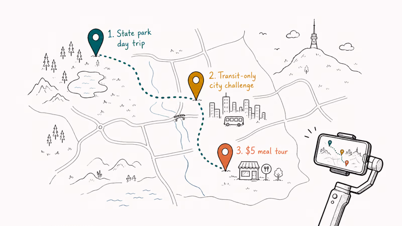 Sketched map with three local travel pins for state park transit city challenge and budget food tour vlog
