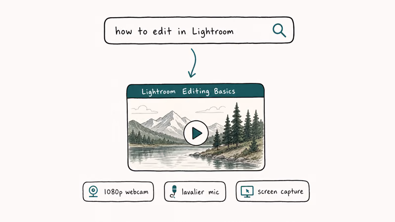 Search bar feeding into a tutorial thumbnail with gear tags showing how tutorial vlogs answer search queries directly