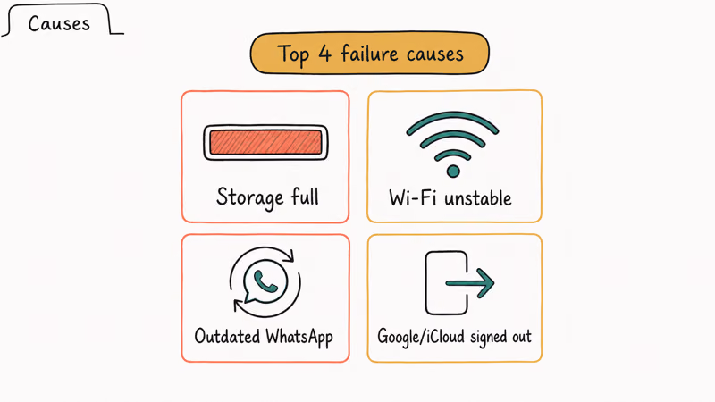 Grid of four common WhatsApp backup failure causes including storage Wi-Fi outdated app and account signed out