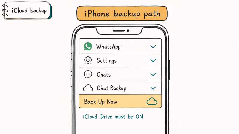 WhatsApp iPhone settings navigation path showing Chat Backup option for iCloud on iOS device