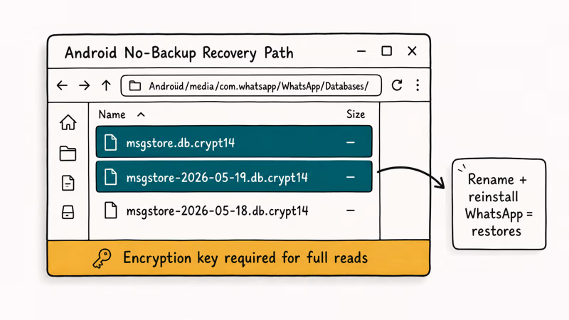 Android file path mockup showing msgstore crypt files used for WhatsApp recovery without a fresh backup.