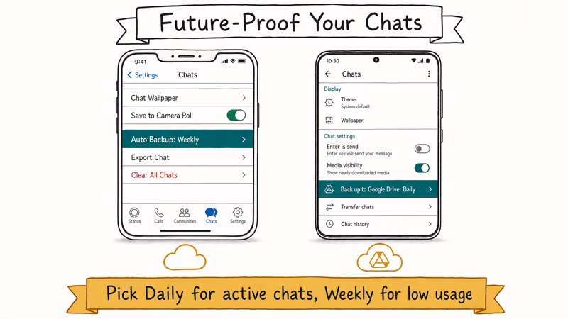 Side-by-side iPhone and Android settings showing how to enable automatic WhatsApp chat backup schedules.