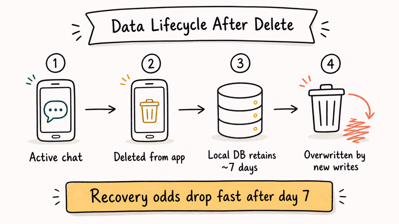 Horizontal timeline showing how WhatsApp data moves from active to recoverable to overwritten over days.