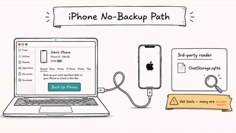 Hand-drawn iPhone connected to laptop showing Finder backup and ChatStorage.sqlite extraction route.