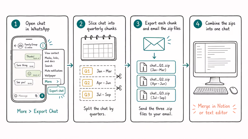 Four-panel chunked export flow splitting WhatsApp chat into quarterly archives and merging zips on desktop