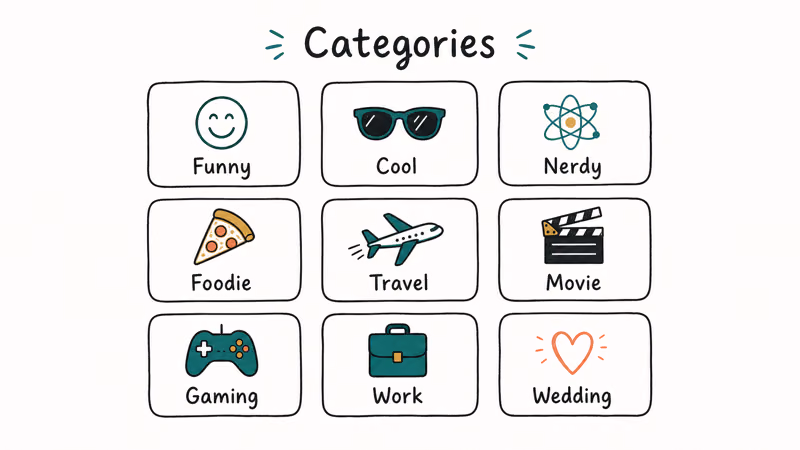 Nine WhatsApp group name category chips including funny cool nerdy foodie travel movie gaming and work
