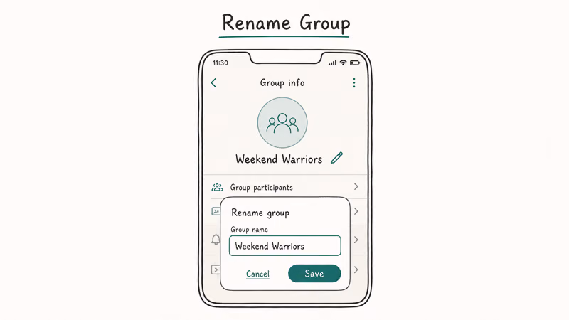 WhatsApp group info screen with avatar group name pencil edit icon and rename input modal open