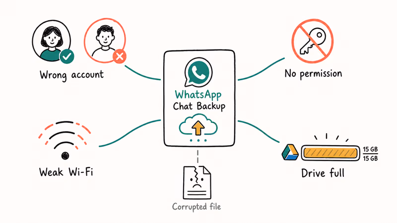 Hand-drawn map of four WhatsApp Drive backup failure causes branching from a central backup card