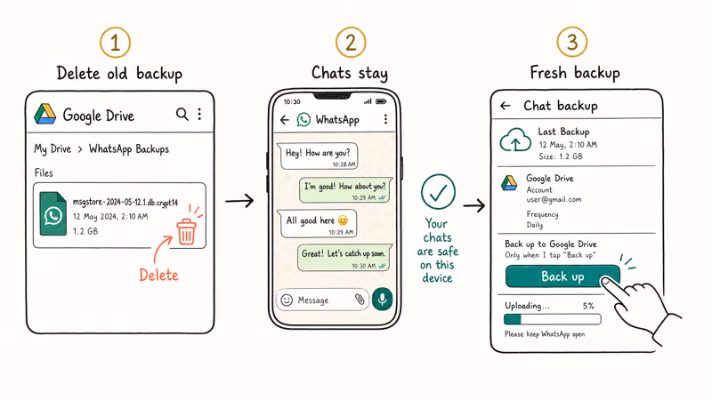 Three steps deleting the old WhatsApp Drive backup while phone chats stay and a fresh backup starts