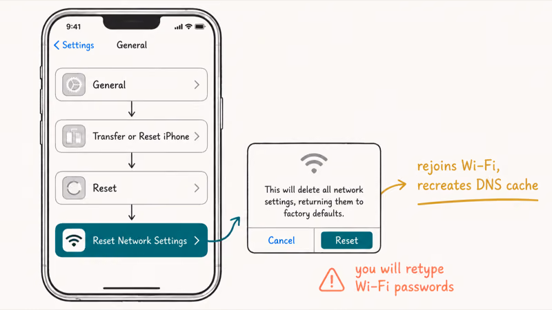 iPhone Settings breadcrumb General Transfer or Reset Reset Network Settings highlighted with confirm prompt and impact note