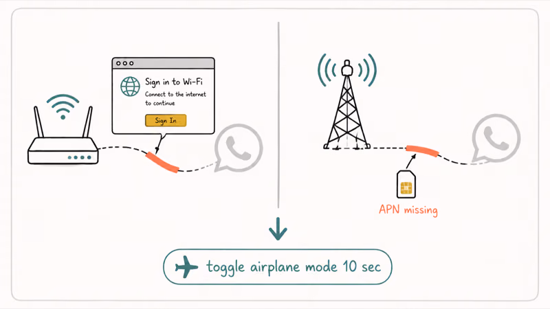 Wi-Fi captive portal and cellular APN missing both blocking WhatsApp connection with airplane mode toggle fix
