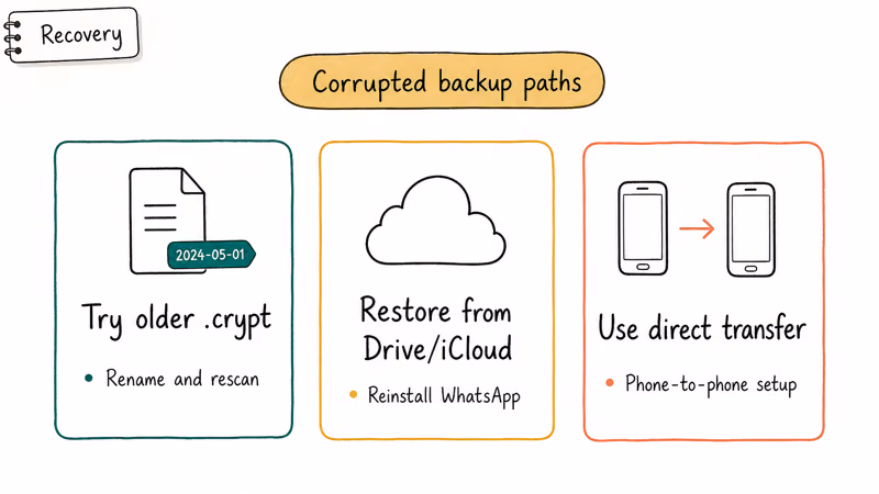 Three card recovery options for corrupted WhatsApp backup including older crypt cloud restore and direct transfer