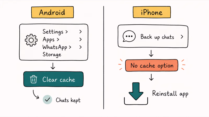 Comparing how to clear WhatsApp cache on Android versus reinstalling the app on iPhone
