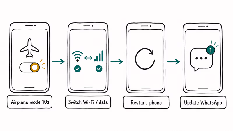 Steps to reset a phone connection: airplane mode toggle, network switch, restart