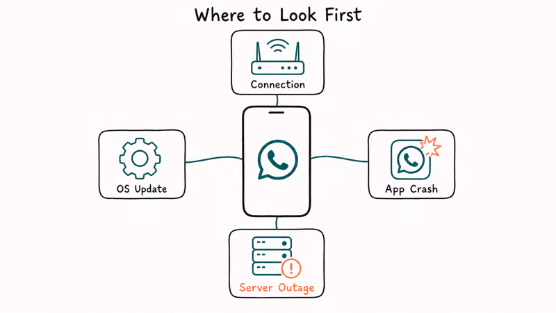 WhatsApp not working decision tree mapping connection app crash server outage and OS update causes