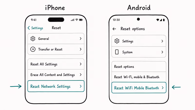 iPhone and Android network reset paths shown side by side both highlighted in teal for clear navigation