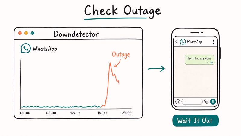 Downdetector WhatsApp chart spiking in coral with phone showing wait it out advice rather than fix