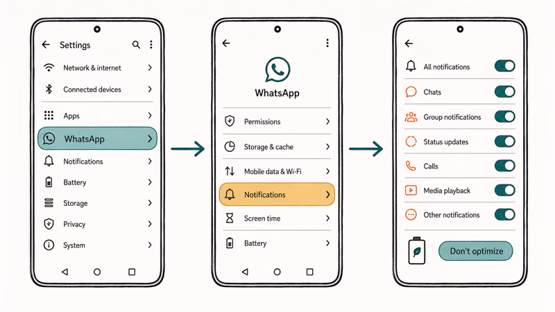 Hand-drawn three-step Android settings flow enabling WhatsApp notification categories and battery optimization opt-out.