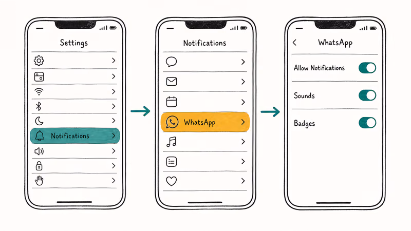 Hand-drawn three-step iPhone Settings flow enabling WhatsApp notifications sounds and badges from the system list.