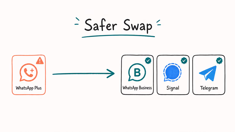 Arrow from WhatsApp Plus mod to safer official alternatives WhatsApp Business Signal and Telegram all verified